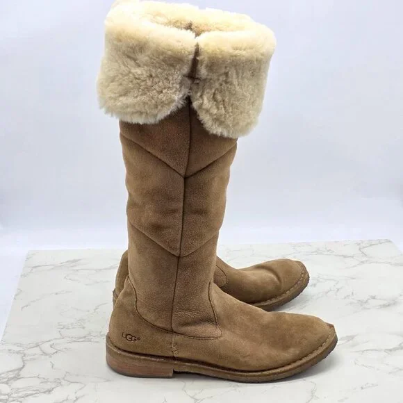 UGG Boots Womens 8.5 Samantha Chestnut Brown Shearling Suede Knee Tall 1008706